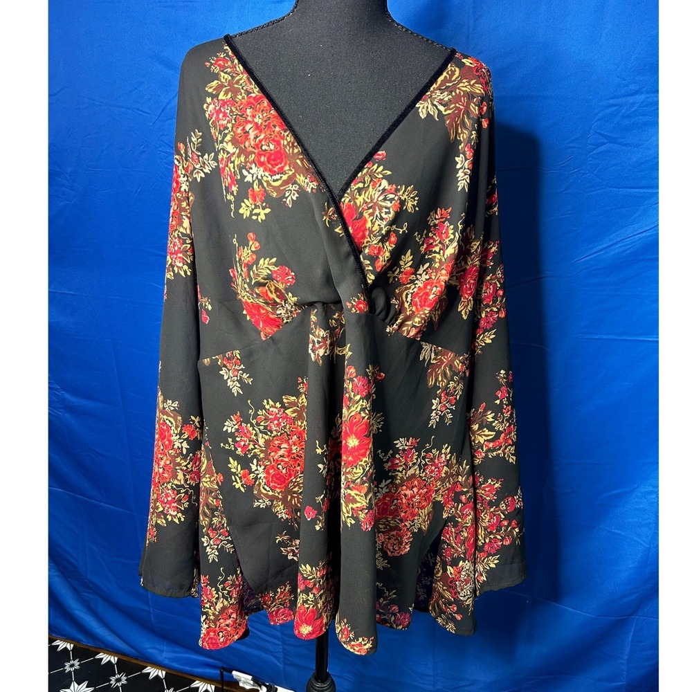 Womens Dark Floral Y2K Babydoll Top Sz 22 90s Fairy Grunge Whimsygoth Boho Sheer